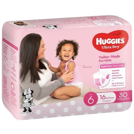 Huggies Ultra Dry Nappies Girls Size 6 (16kg+) 30 Pack