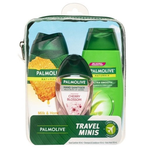 Palmolive Travel Minis Pack - Antibacterial Hand Sanitiser 48mL Hair Shampoo & Conditioner 90mL Body Wash 100mL