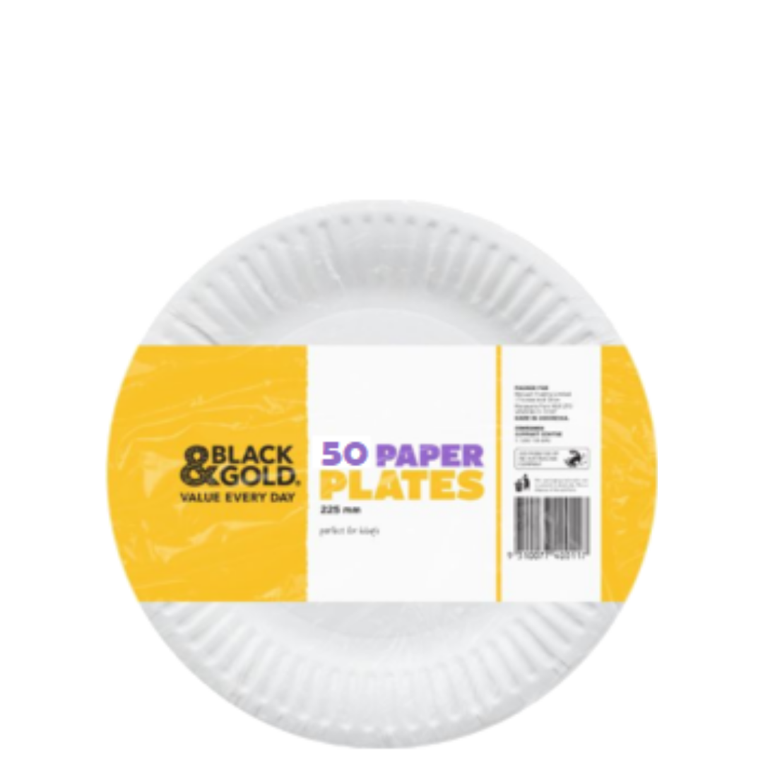 Black & Gold Round Paper Dinner Plate 225mm - BULK 12 x 50pk