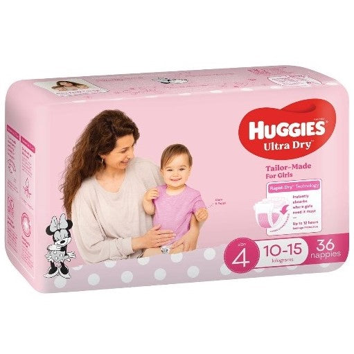 Huggies Ultra Dry Nappies Girls Size 4 (10-15kg) 36 Pack