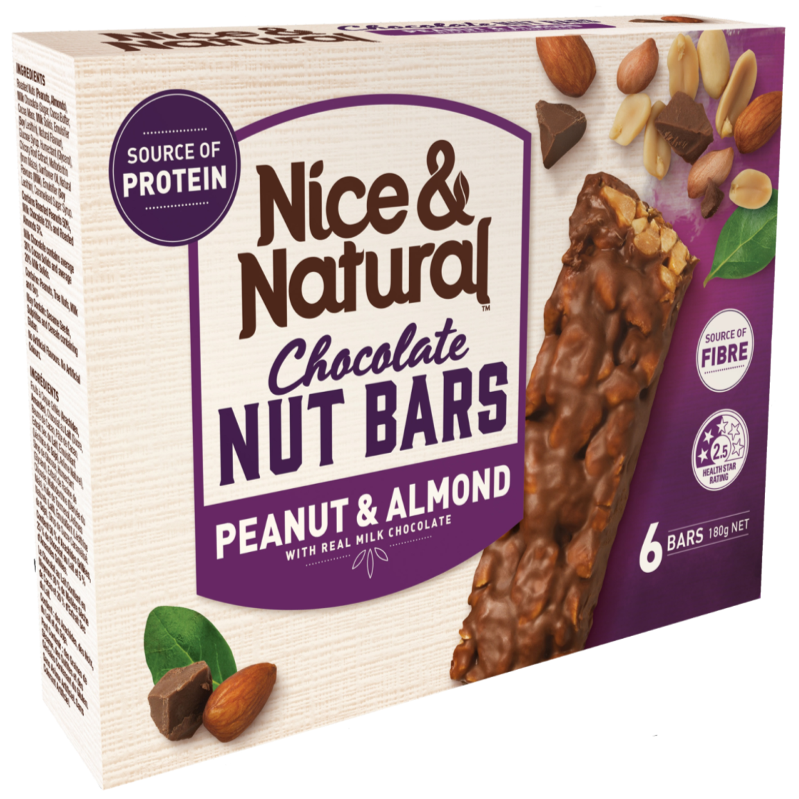 Nice & Natural Peanut & Almond Chocolate Nut Bar 6pk 180g