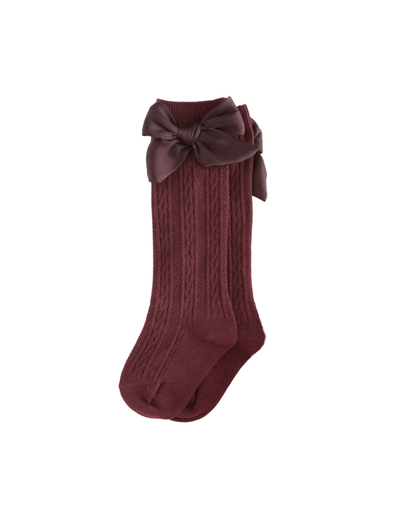 Cable Knit Socks with Bows - Plum