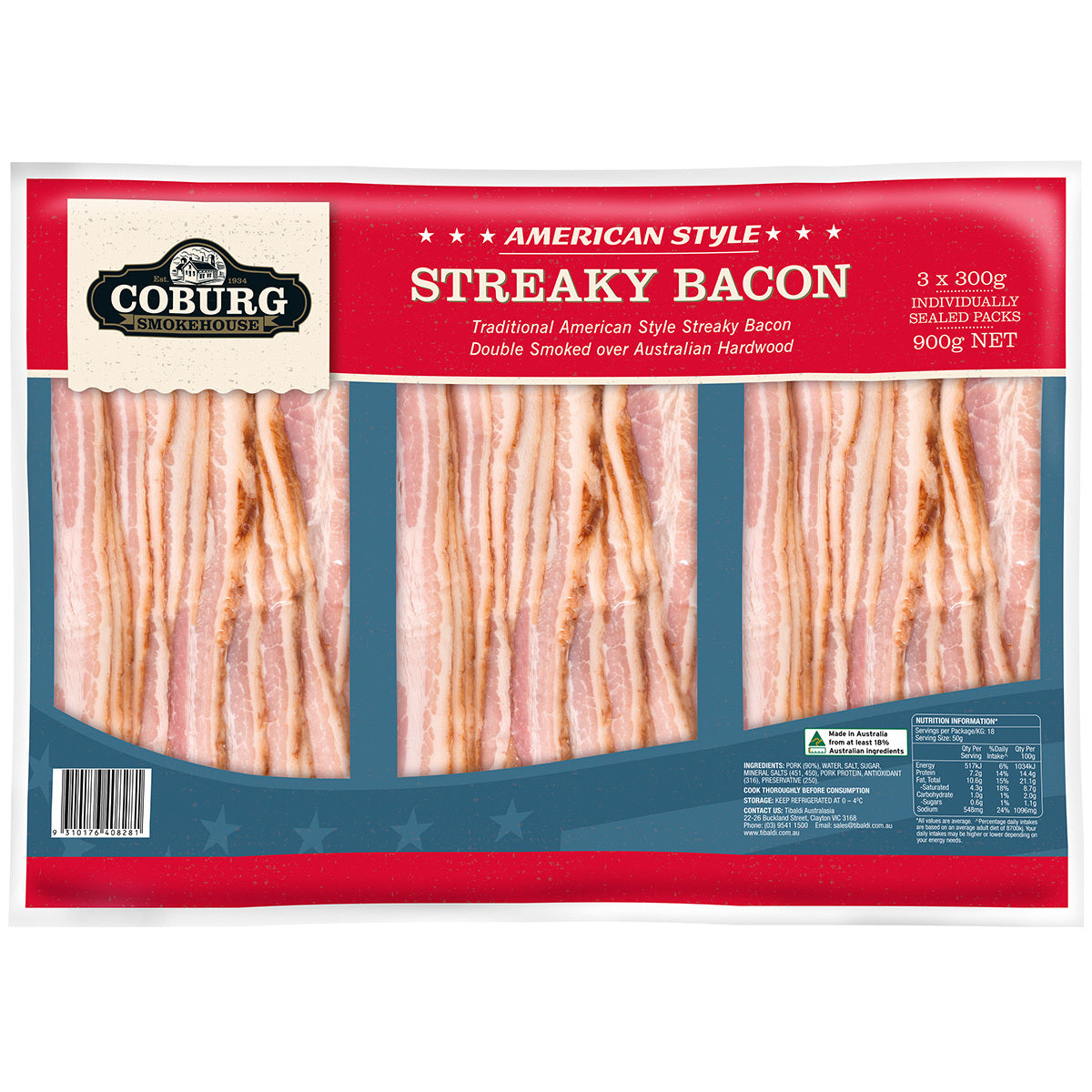 Coburg  Smokehouse Streaky Bacon ( 3 pkt) 900g