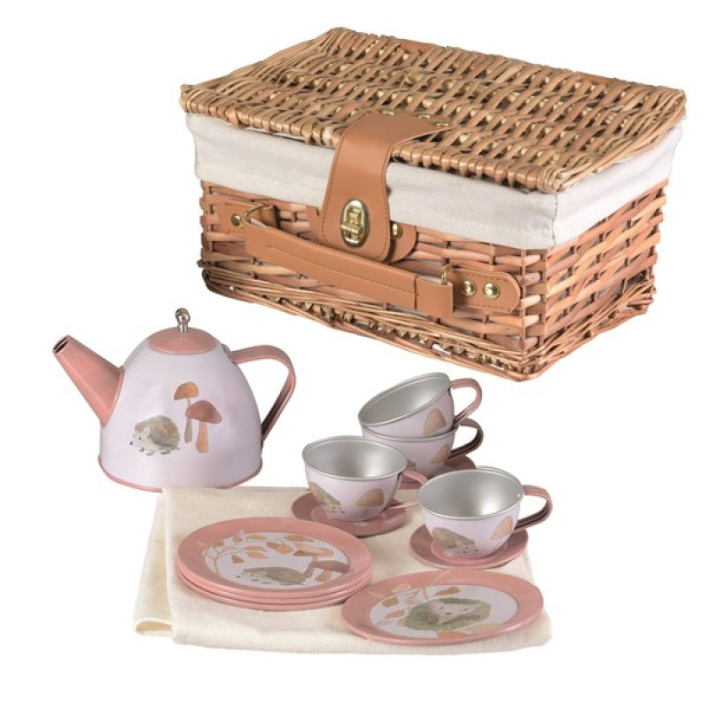 Forest Tin Tea Set in Wicker Basket