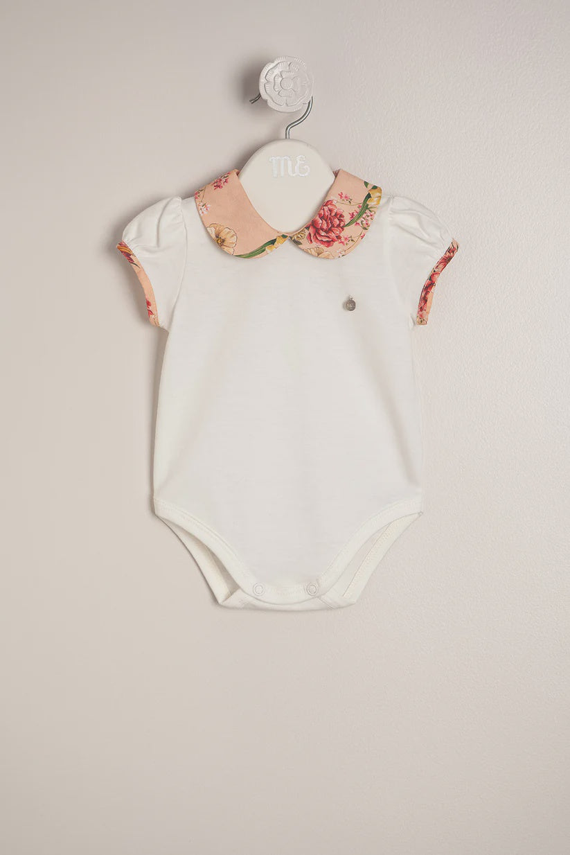 Short Sleeved Bodysuit with Spanish Floral Collar Cream 0m