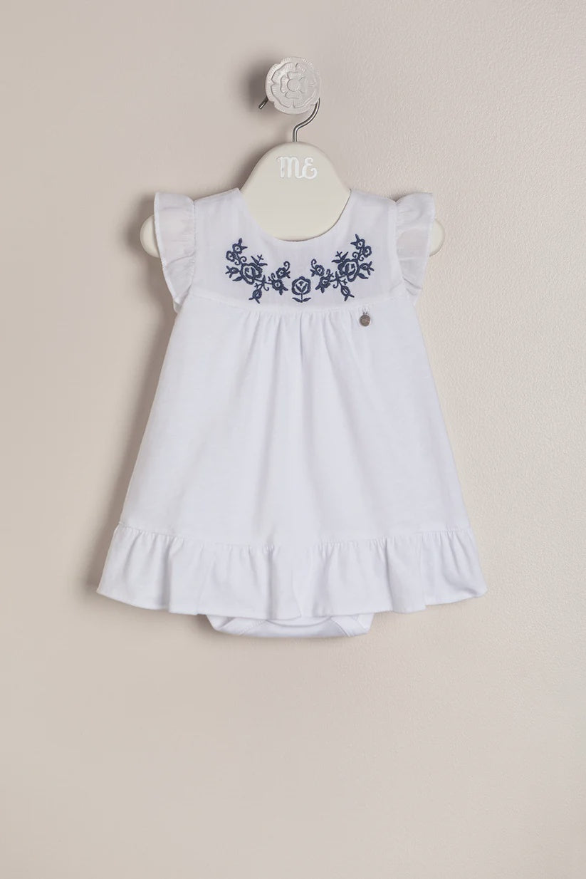 Baby Girl Embroidered Bodysuit Dress White with Navy 9m