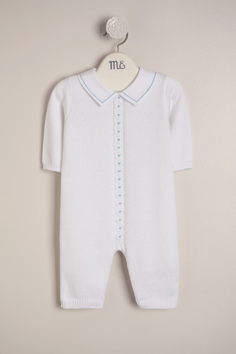 Baby Boy Collared Embroidered Knit One-Piece White with Light Blue 3m