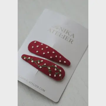 Hand Embroidered Clips Burgundy Branch + Dots