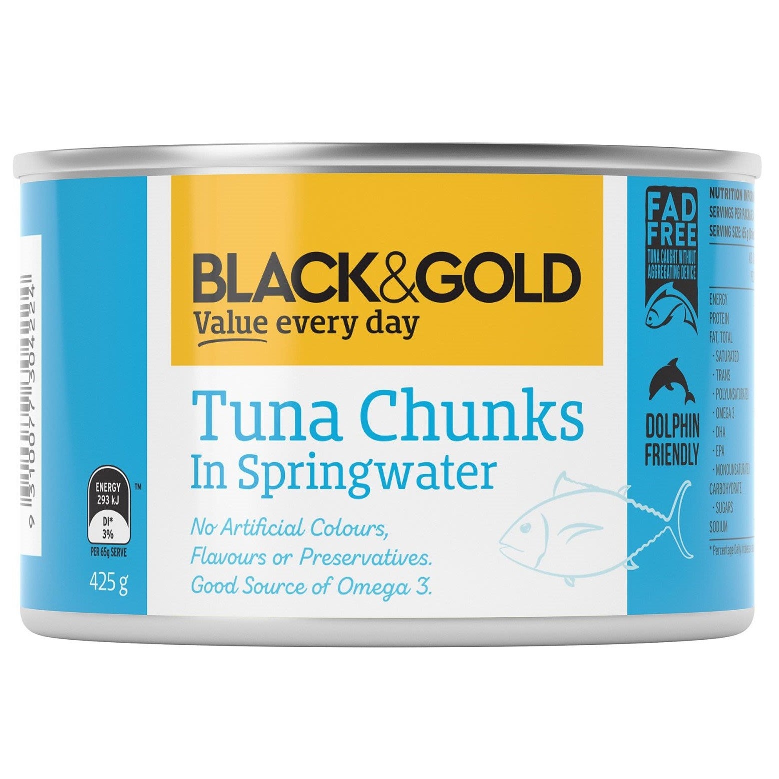 Black/Gold Tuna Chunks in Springwater 425g