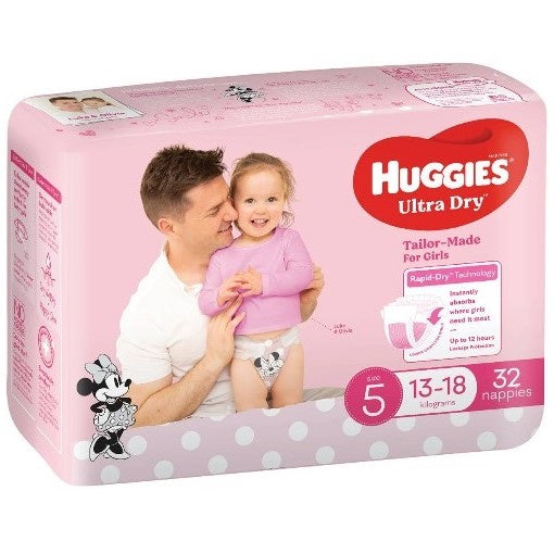 Huggies Ultra Dry Nappies Girls Size 5 (13-18kg) 32 Pack