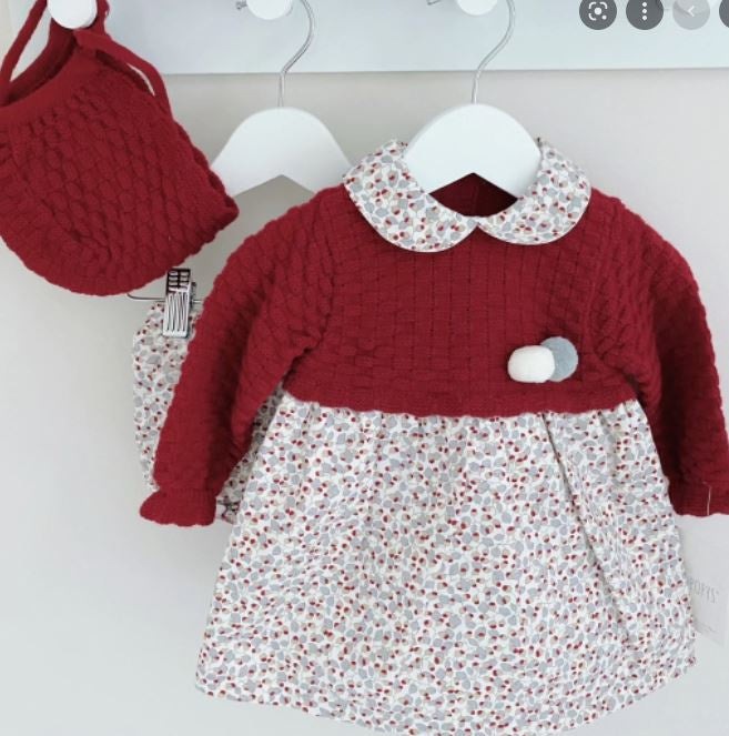 Popys Burgundy Knit Print Dress & Bonnet Set 12m