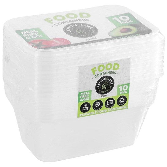 Lemon&Lime Rectangular Plastic Container&Lid, 300ml, 10pk