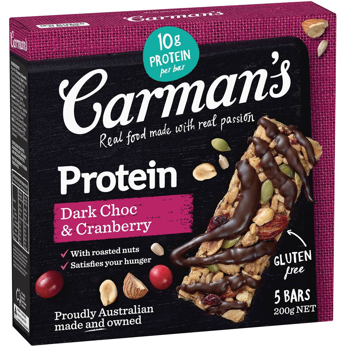 Carman's Dark Choc & Cranberry Protein Bars 5pk  200g