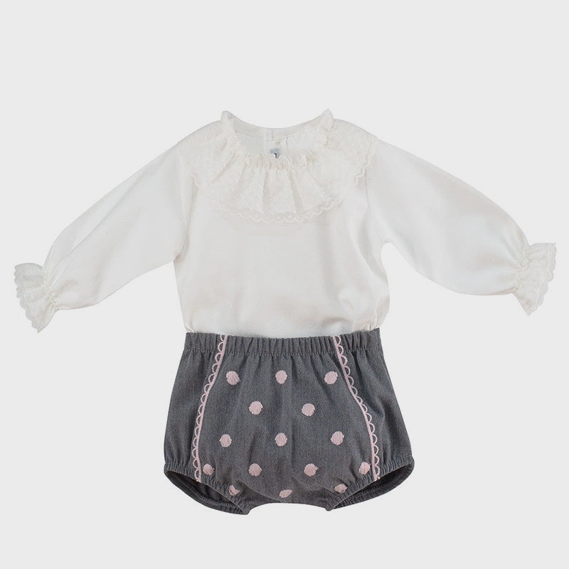 Long Sleeve Ruffle Collar Blouse and Spot Bloomers 18M Grey / Pink