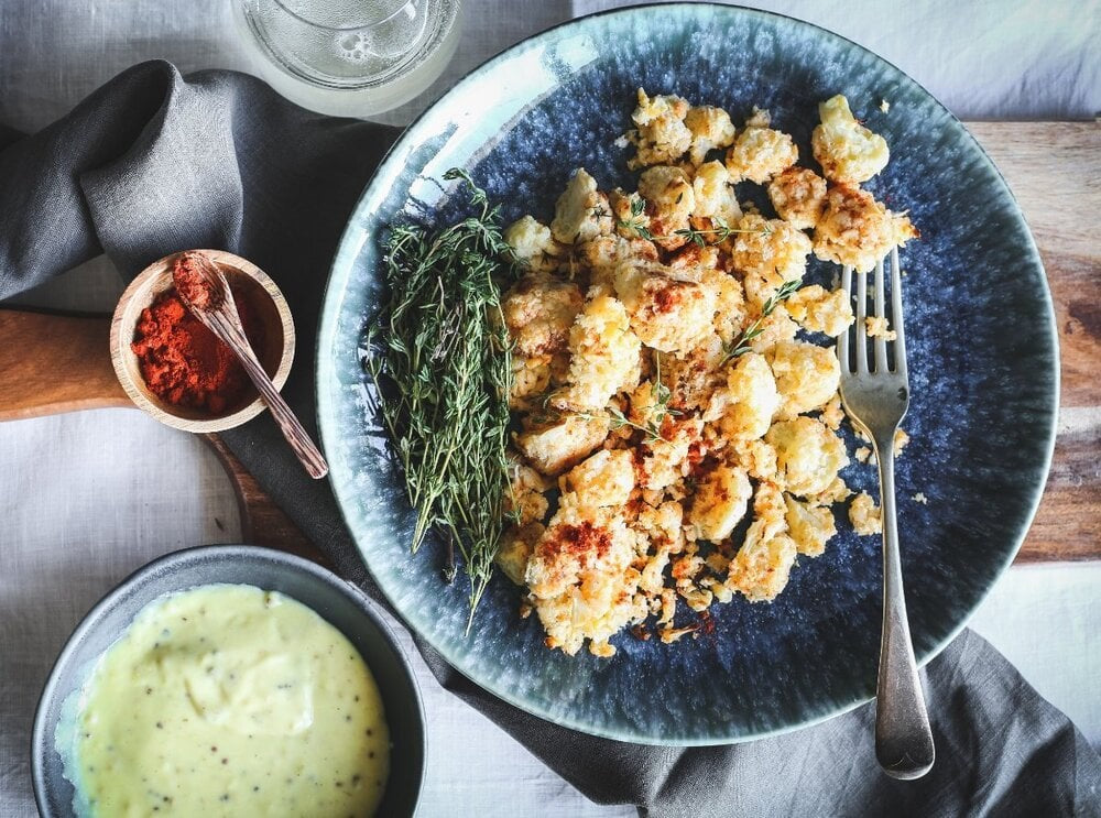 Crunchy Roasted Cauliflower with Mustard Cheese Sauce