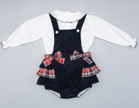 288 White Frill Shirt & Navy Bows Romper 12m