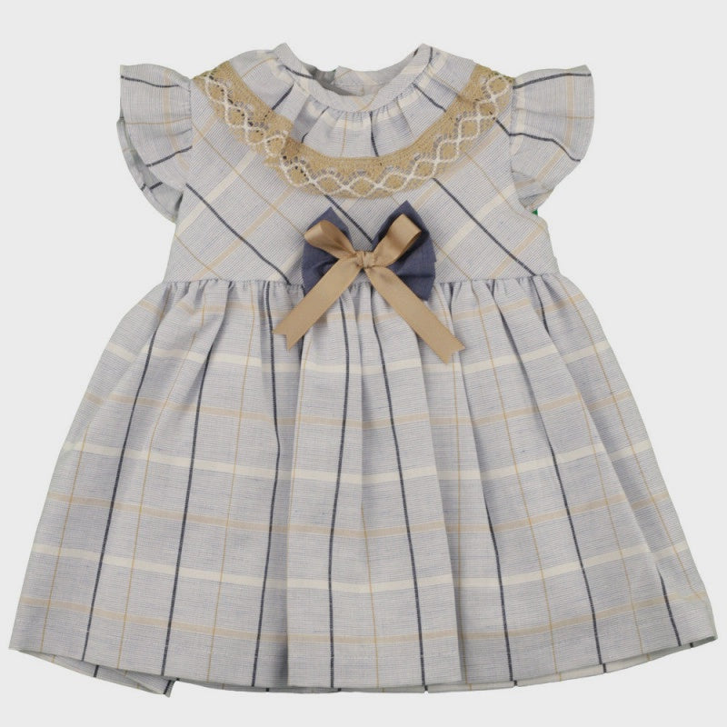 Short Sleeve Checkered Dress with Ruffle Collar and Bow 18 Months Blue / Beige